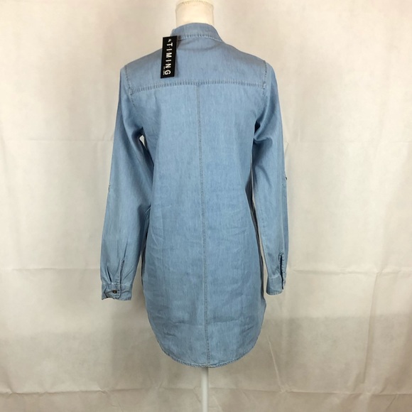 Timing Button Up Denim Collared Top Rollup Sleeves - Picture 3 of 8